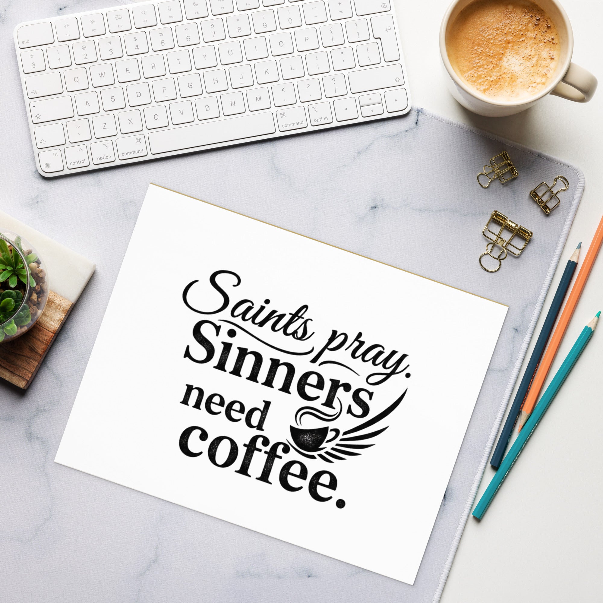 Saints Pray Sinners Need Coffee Notepad – Faith Humor Stationery, Inspirational Desk Notepad