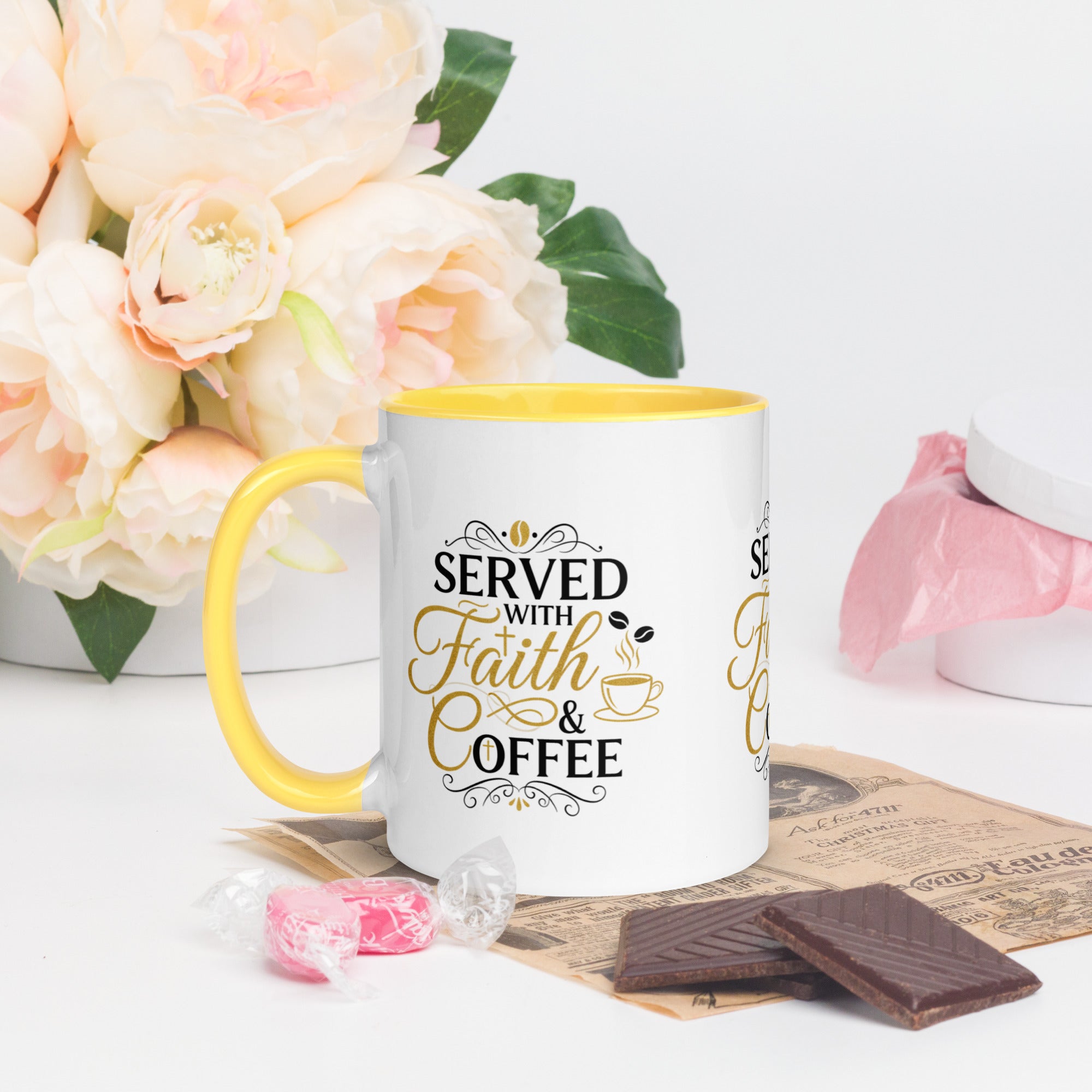 Served With Faith & Coffee Mug – Christian Coffee Mug,  Bible Verse Cup