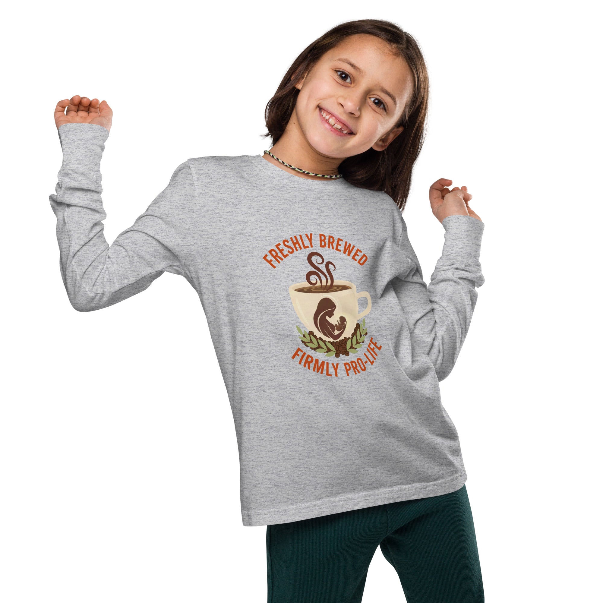 Freshly Brewed Firmly Pro-Life Youth Long Sleeve Tee – Pro Life Youth Shirt
