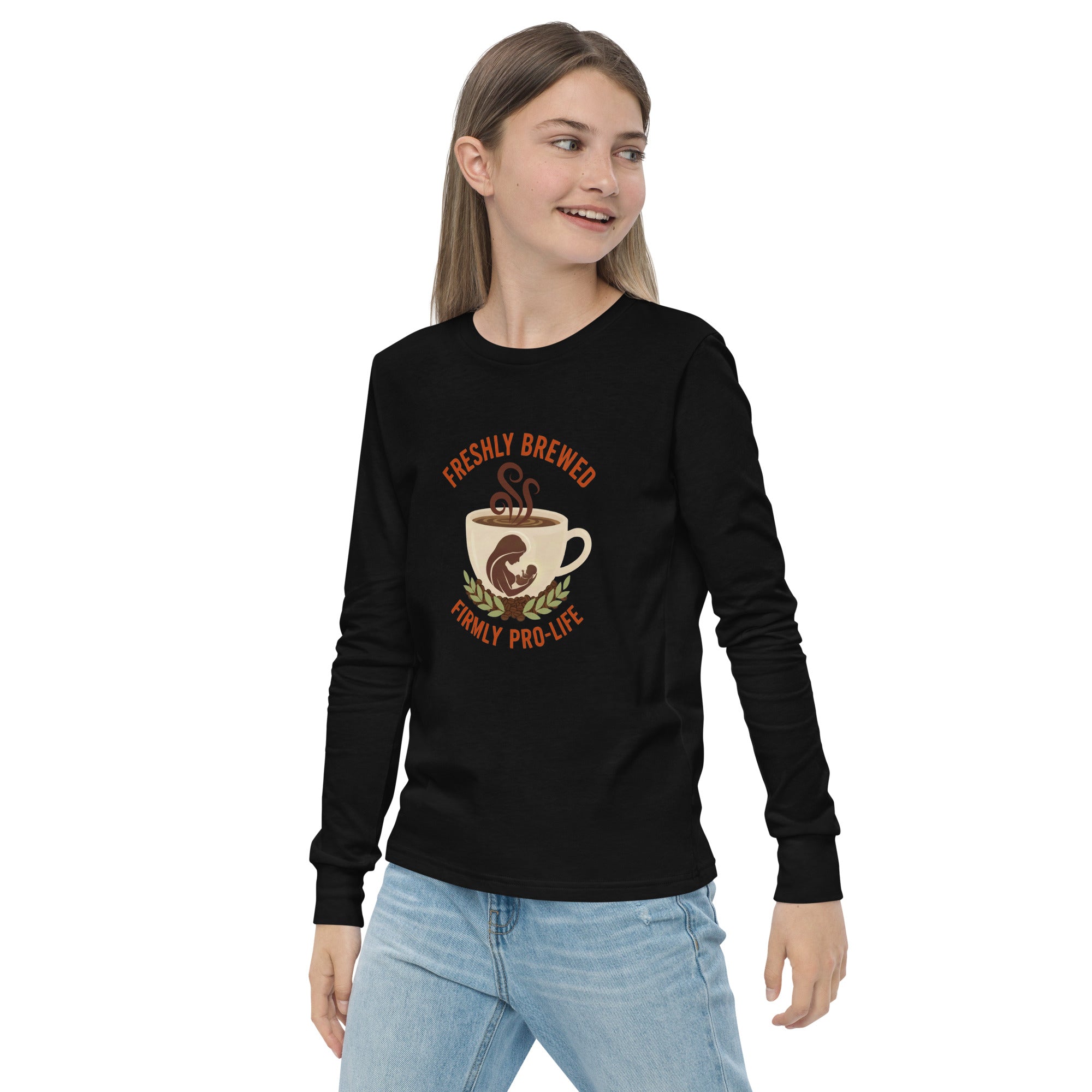 Freshly Brewed Firmly Pro-Life Youth Long Sleeve Tee – Pro Life Youth Shirt